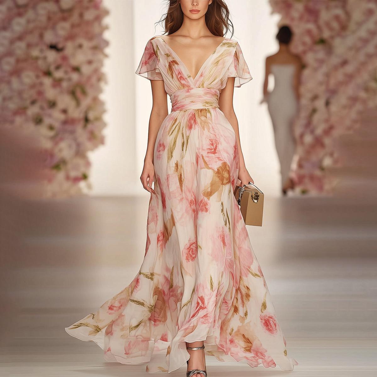 Rosa Kurzärmeliges Maxikleid mit V-Ausschnitt
