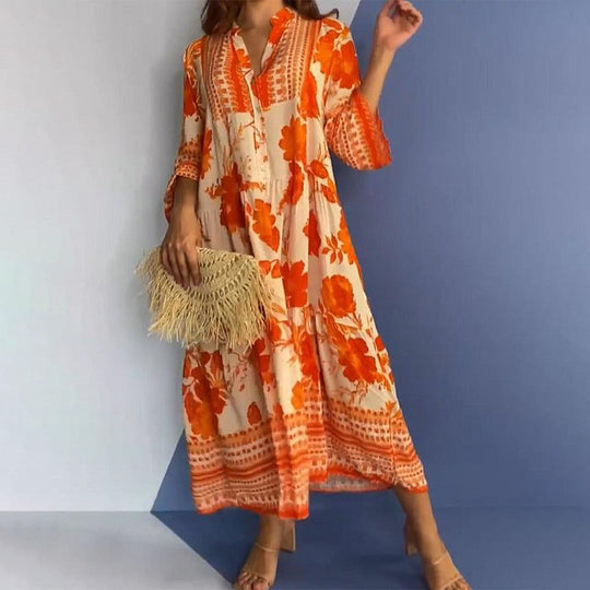 Leuchtend orangefarbenes Midikleid mit V-Ausschnitt