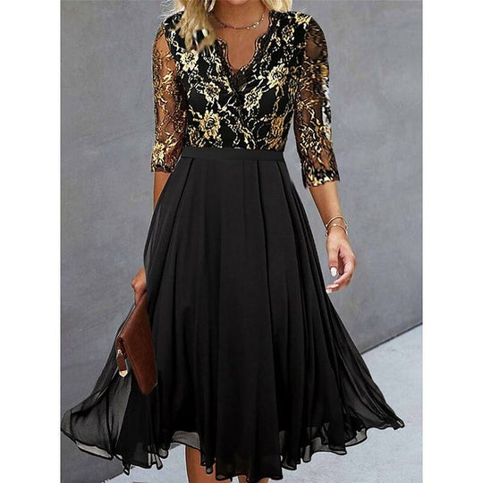 Stylisches Midikleid mit V-Ausschnitt und 3/4-Ärmeln