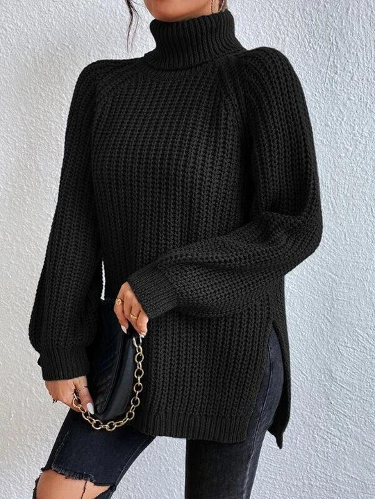 Schwarzer langärmeliger Rollkragenpullover mit gerippter Oberfläche