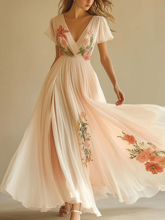 Elegantes kurzärmeliges Maxikleid mit V-Ausschnitt