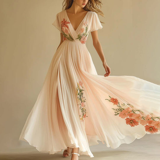 Elegantes kurzärmeliges Maxikleid mit V-Ausschnitt