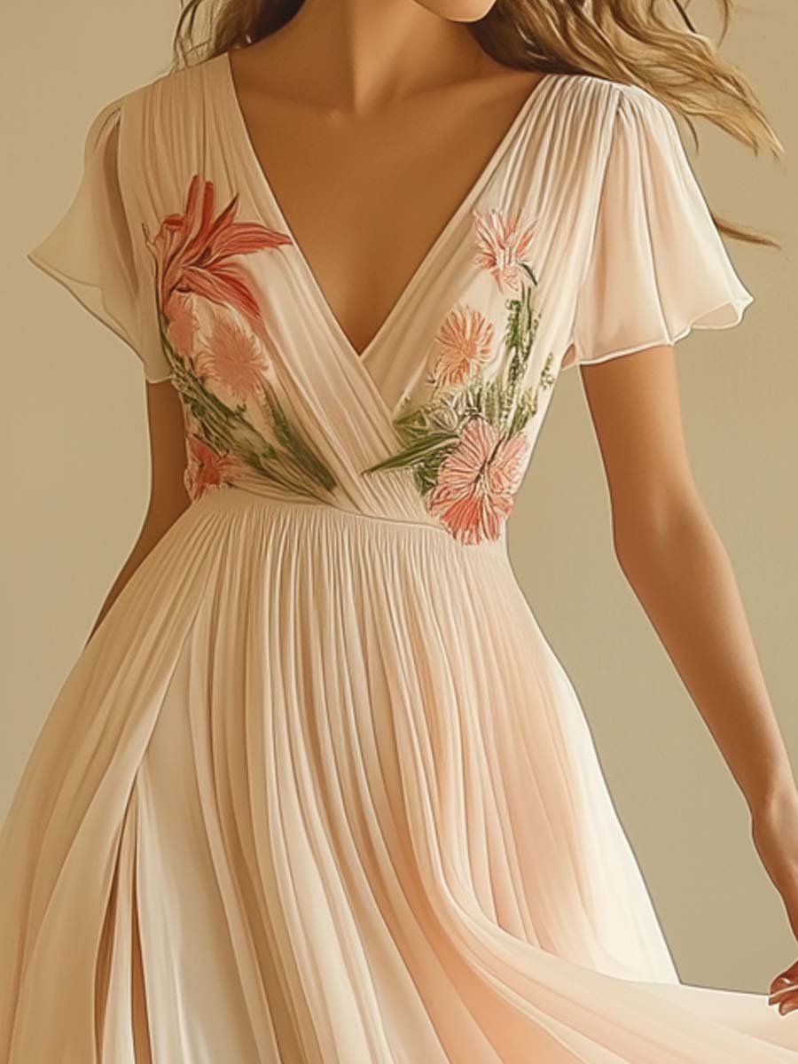 Elegantes kurzärmeliges Maxikleid mit V-Ausschnitt