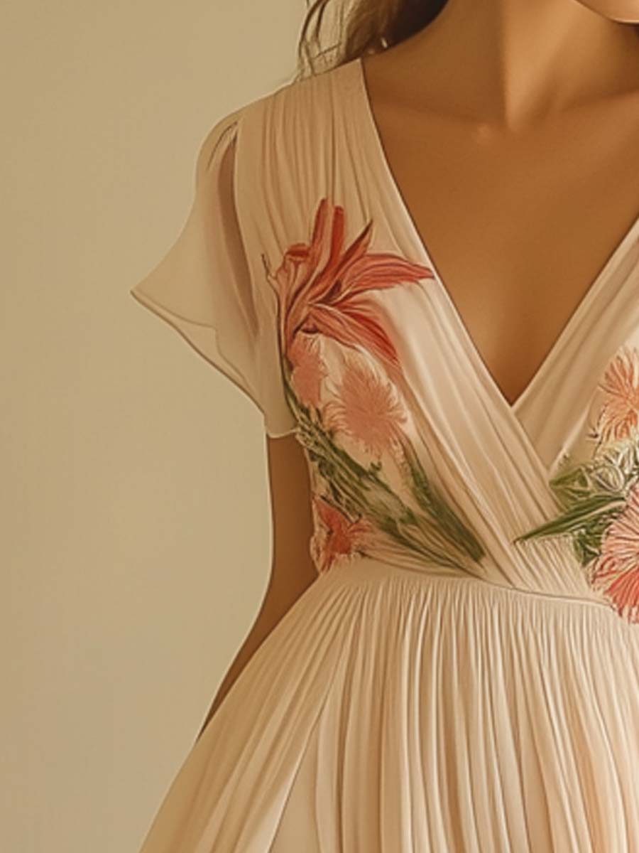 Elegantes kurzärmeliges Maxikleid mit V-Ausschnitt