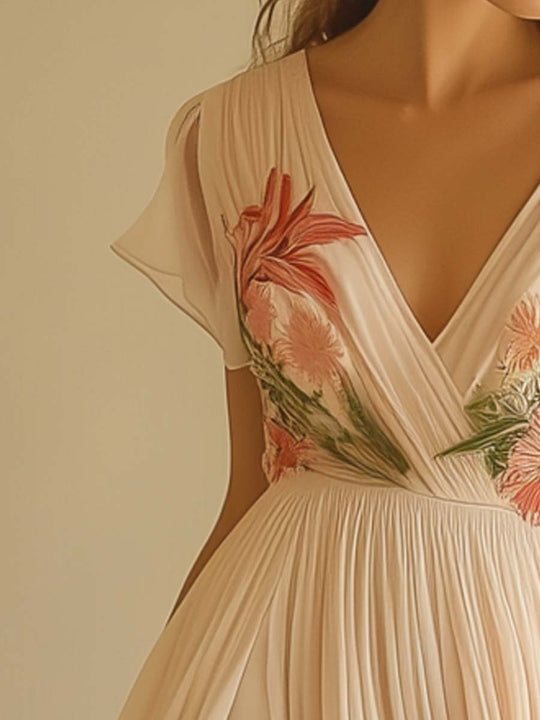 Elegantes kurzärmeliges Maxikleid mit V-Ausschnitt