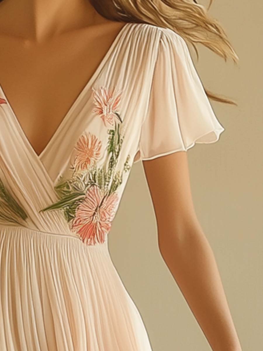 Elegantes kurzärmeliges Maxikleid mit V-Ausschnitt