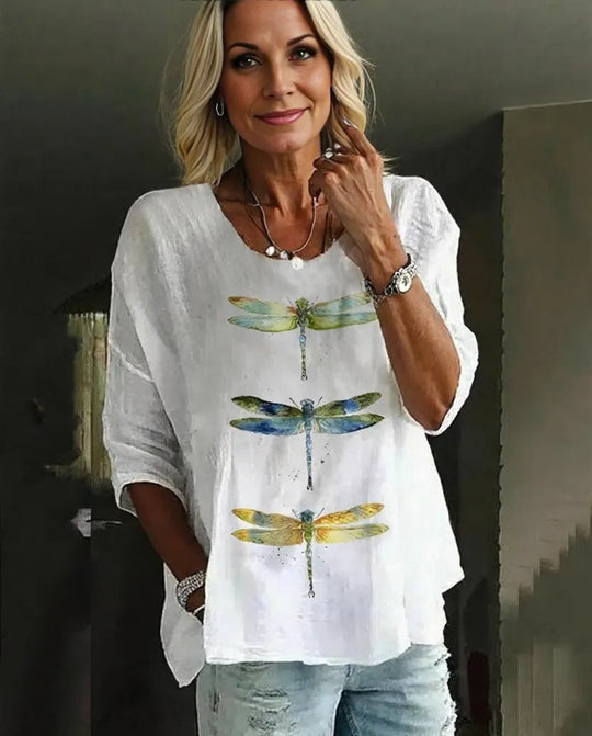 Einzigartiges Dragonfly Print Rundhalsausschnitt Top