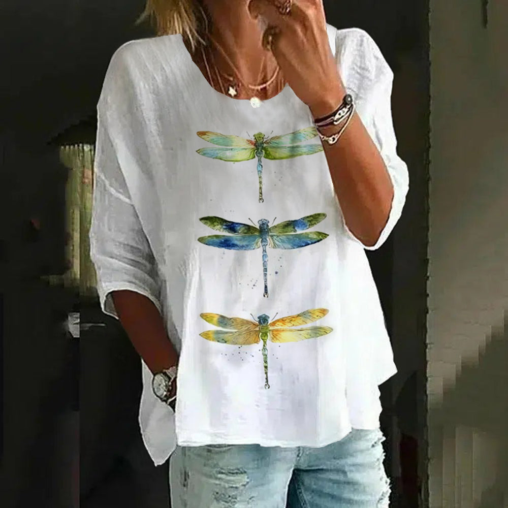 Einzigartiges Dragonfly Print Rundhalsausschnitt Top