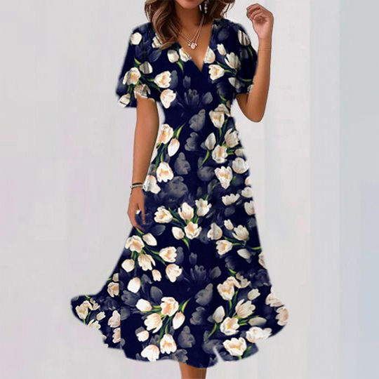 Auffälliges kurzärmeliges Midikleid mit Blumendruck