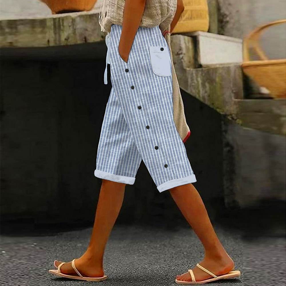 Frische blaue Streifendruck-Seitentaschen-Hose
