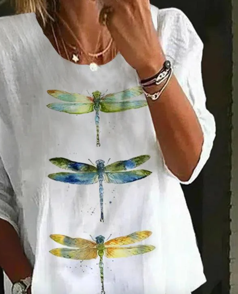 Einzigartiges Dragonfly Print Rundhalsausschnitt Top