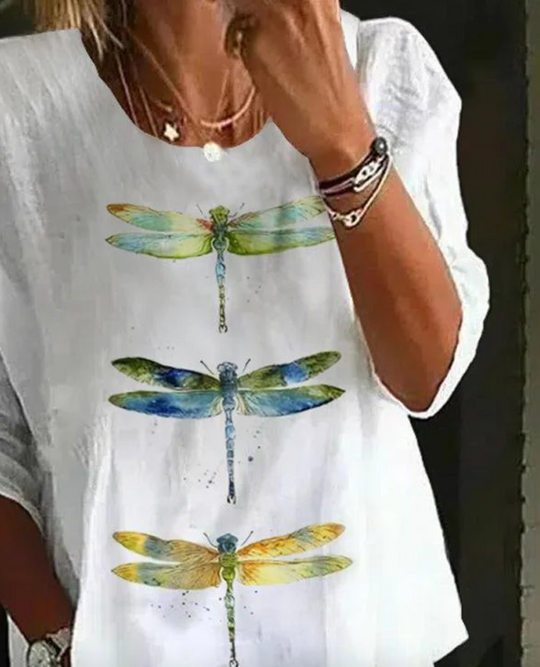 Einzigartiges Dragonfly Print Rundhalsausschnitt Top