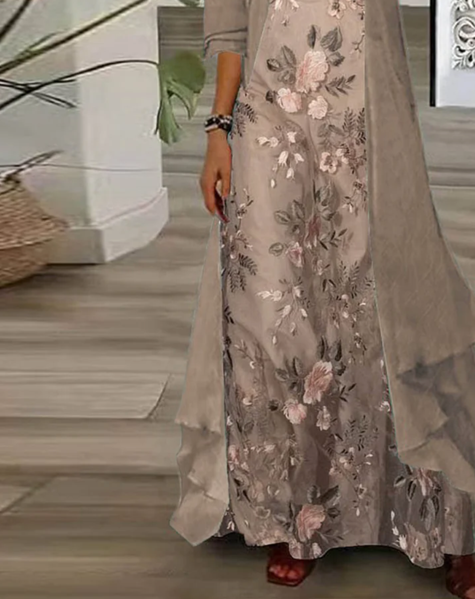 Kaffee Blumendruck Maxikleid mit dünner Jacke Zweiteilige Outfits