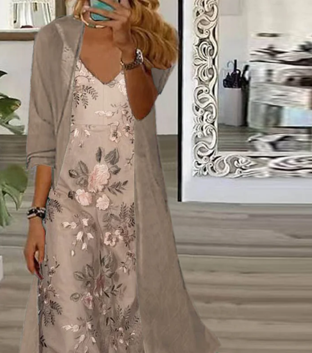 Kaffee Blumendruck Maxikleid mit dünner Jacke Zweiteilige Outfits