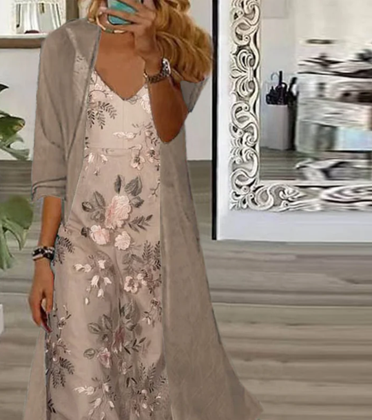 Kaffee Blumendruck Maxikleid mit dünner Jacke Zweiteilige Outfits
