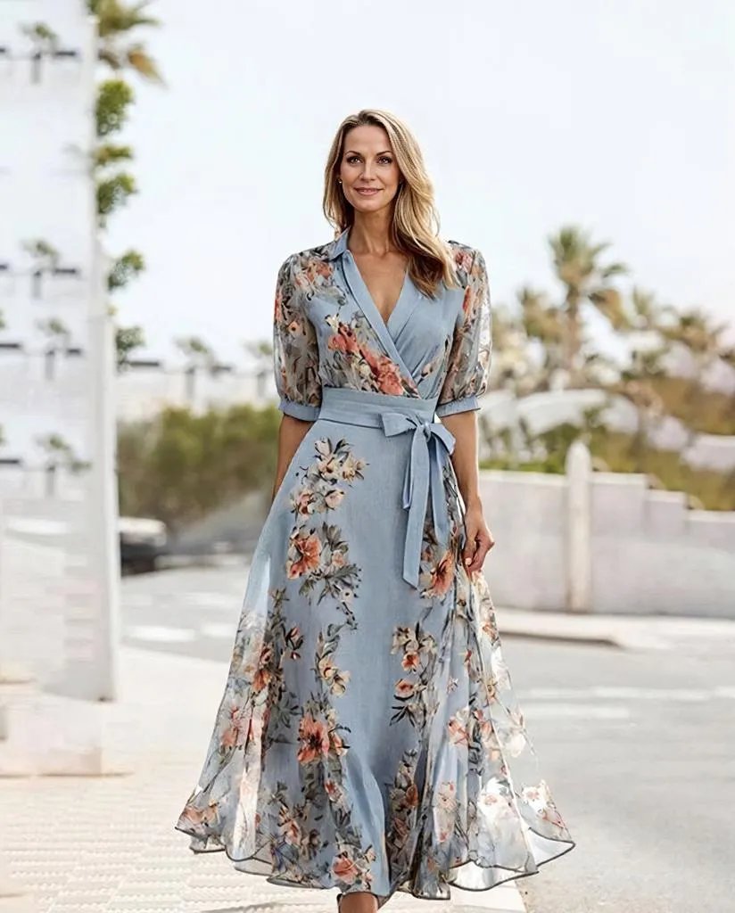 Vera - Blaues kurzärmeliges Midikleid mit V-Ausschnitt