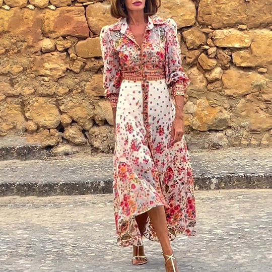 Elegantes Maxikleid mit Blumendruck und Kragen