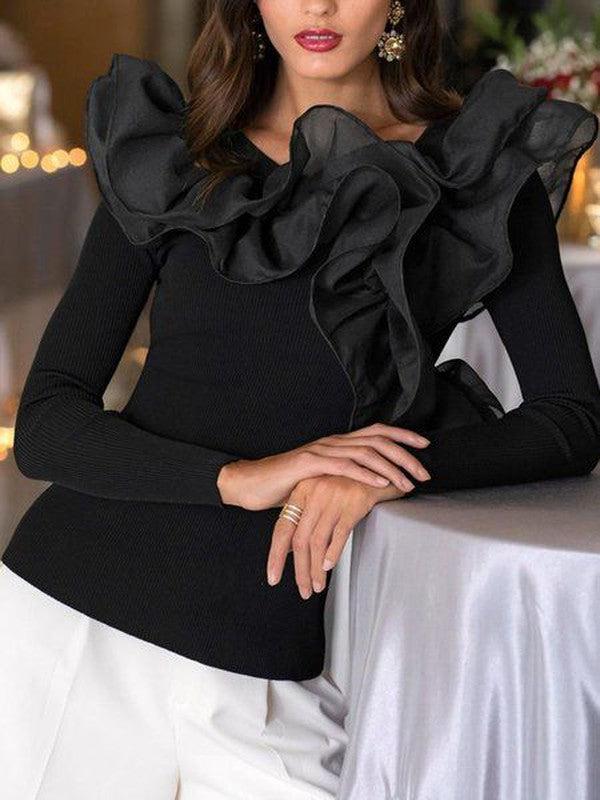 Special Schwarzes einfarbiges Langarm-Rundhals-Top