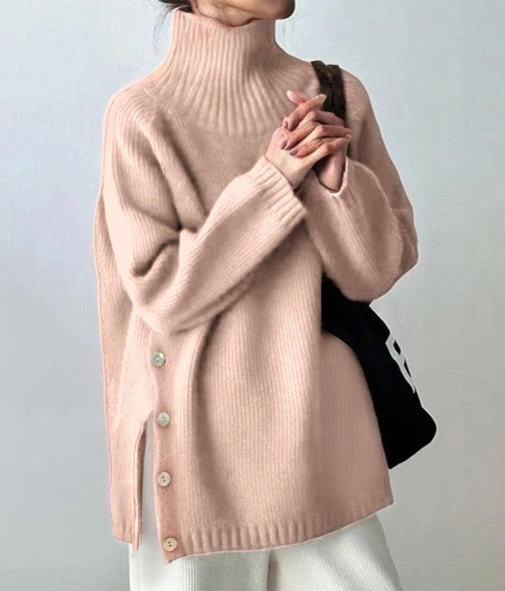 Rosa einfarbiger Langarmpullover mit hohem Halsausschnitt