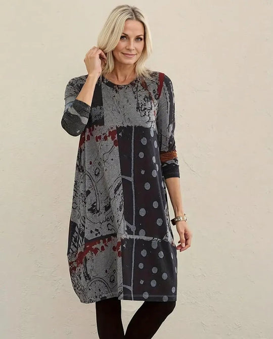 Modernes graues gepunktetes langärmeliges Minikleid