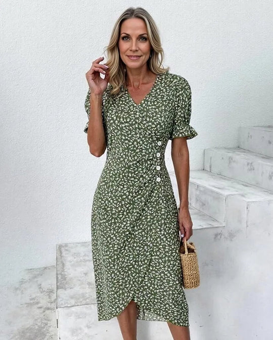 Kurzärmeliges Midikleid mit grünem Blumendruck und Knopfleiste