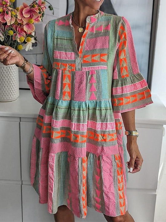 Frisches Print 3/4-Ärmel-Minikleid