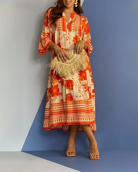 Leuchtend orangefarbenes Midikleid mit V-Ausschnitt