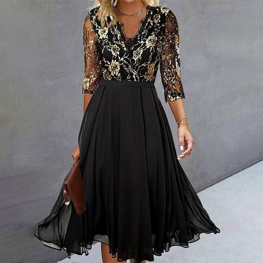 Stylisches Midikleid mit V-Ausschnitt und 3/4-Ärmeln