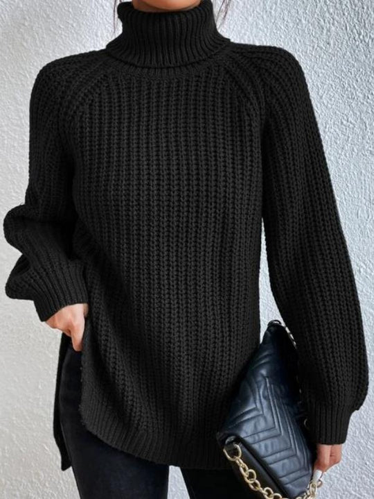 Schwarzer langärmeliger Rollkragenpullover mit gerippter Oberfläche