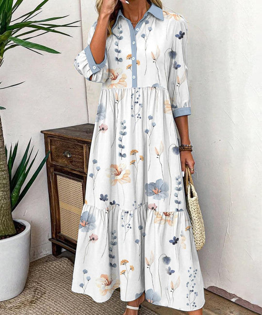 Frisches Maxikleid mit 3/4 Ärmeln und Kragen