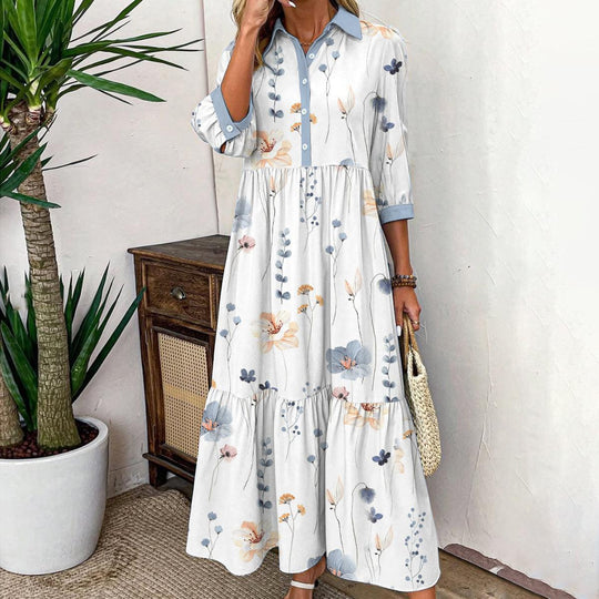 Frisches Maxikleid mit 3/4 Ärmeln und Kragen