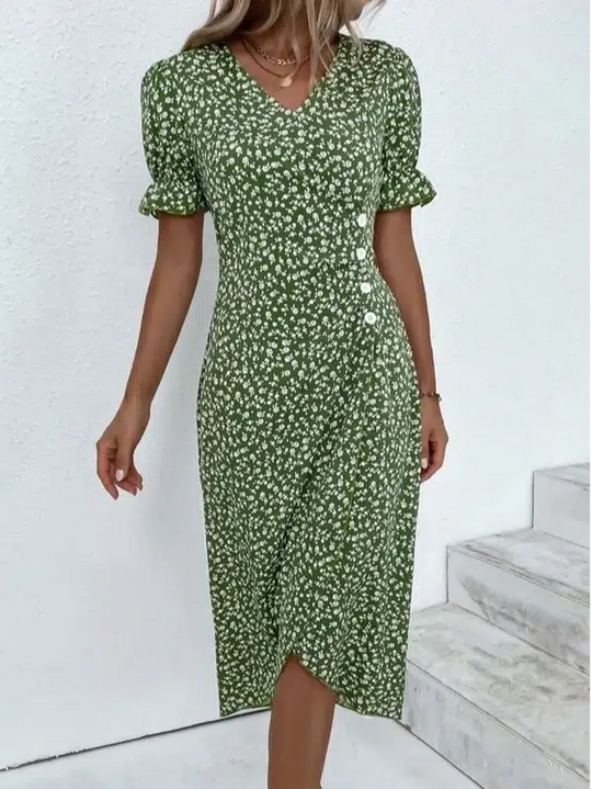 Kurzärmeliges Midikleid mit grünem Blumendruck und Knopfleiste