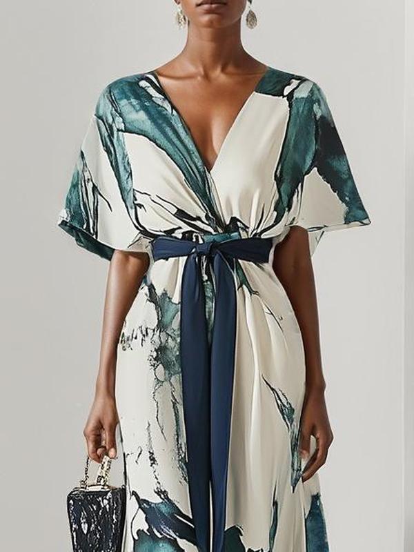 Trendiges kurzärmeliges Maxikleid mit V-Ausschnitt
