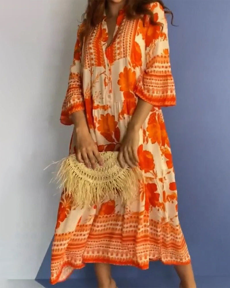 Leuchtend orangefarbenes Midikleid mit V-Ausschnitt