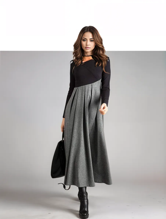 Graues langärmeliges Farbblock-Maxikleid