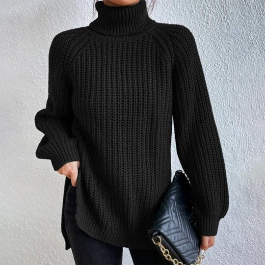 Schwarzer langärmeliger Rollkragenpullover mit gerippter Oberfläche