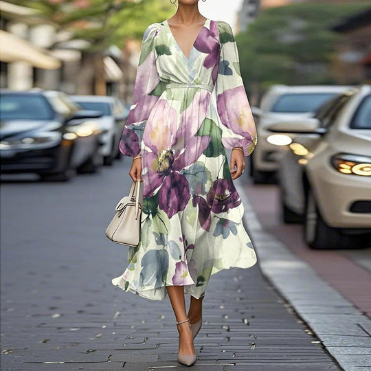 Einzigartiges Midikleid mit V-Ausschnitt und Blumendruck