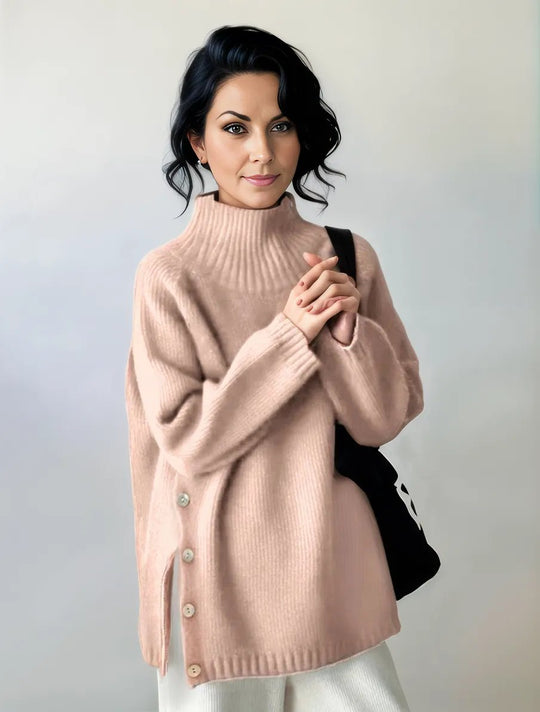 Rosa einfarbiger Langarmpullover mit hohem Halsausschnitt