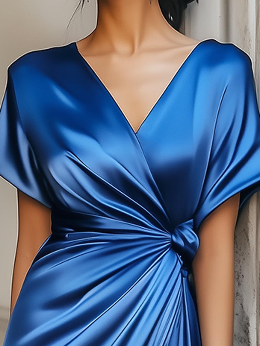 Einzigartiges einfarbiges Midikleid mit V-Ausschnitt und kurzen Ärmeln