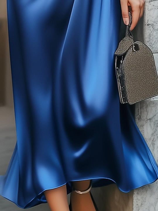 Einzigartiges einfarbiges Midikleid mit V-Ausschnitt und kurzen Ärmeln