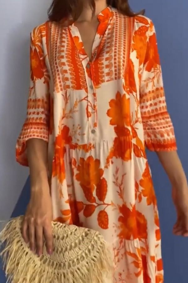 Leuchtend orangefarbenes Midikleid mit V-Ausschnitt