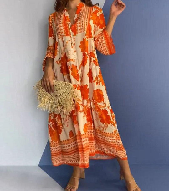Leuchtend orangefarbenes Midikleid mit V-Ausschnitt