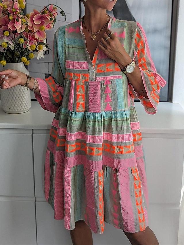 Frisches Print 3/4-Ärmel-Minikleid