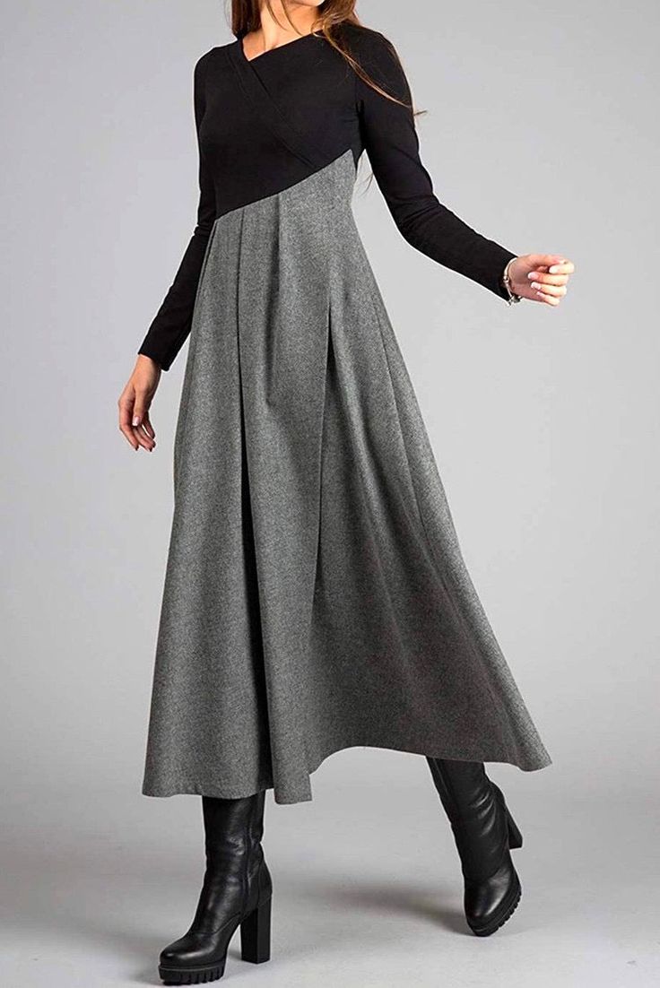 Graues langärmeliges Farbblock-Maxikleid