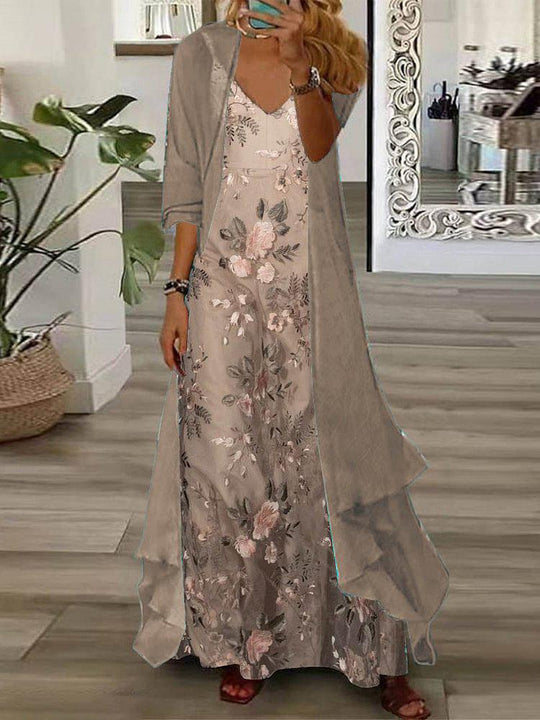 Kaffee Blumendruck Maxikleid mit dünner Jacke Zweiteilige Outfits