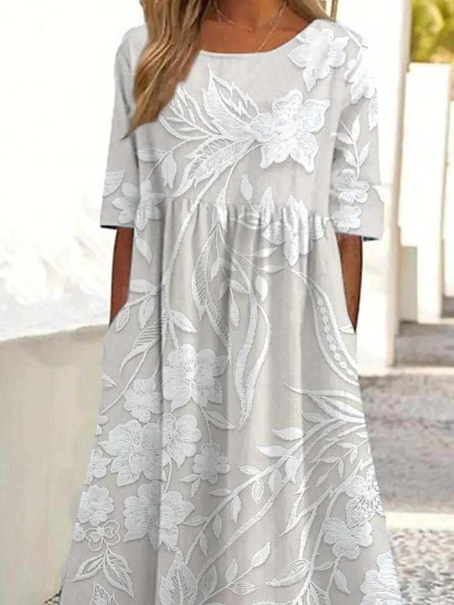 Basic Rundhalsausschnitt Kurzärmeliges Midikleid
