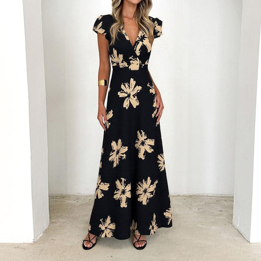Kurzärmeliges Maxikleid mit speziellem V-Ausschnitt