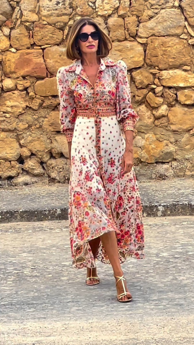 Elegantes Maxikleid mit Blumendruck und Kragen