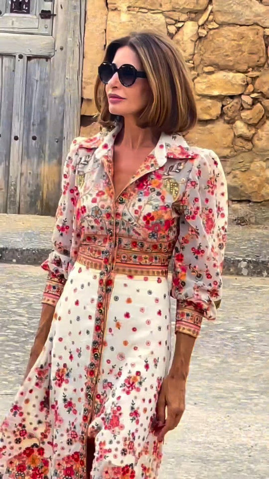 Elegantes Maxikleid mit Blumendruck und Kragen