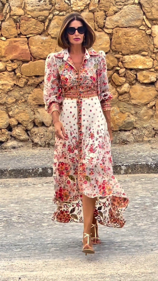 Elegantes Maxikleid mit Blumendruck und Kragen